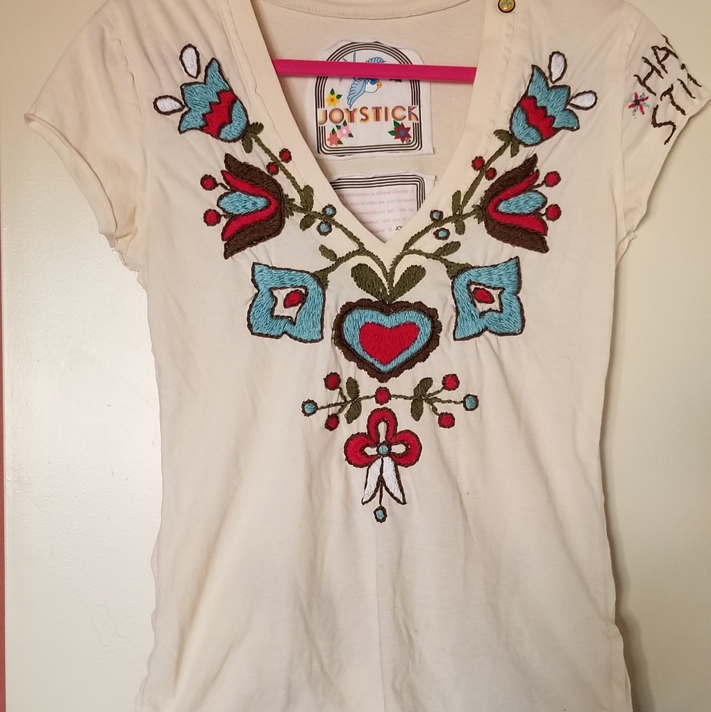 Johnny Was Joystick Embroidered V Neck T-Shirt